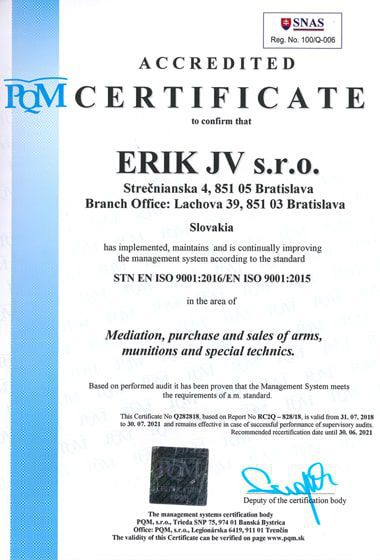 Certikát STN EN ISO 9001:2016/EN ISO 9001:2015